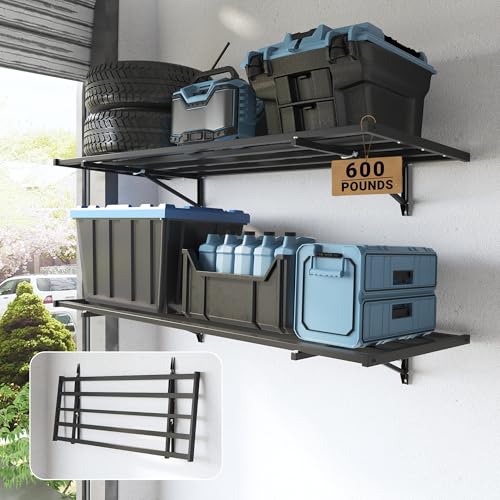 FLEXIMOUNTS Fold-Down 2-Pack 2x4ft Garage Wall Shelving, 600lbs Load, Black